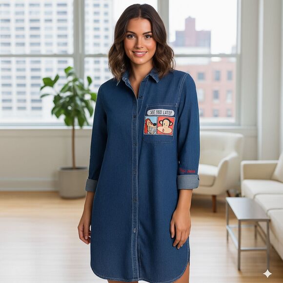 Paul Frank Denim Dress Vintage Blue Button Front Shirt Dress Side Slits Size M - Picture 1 of 9